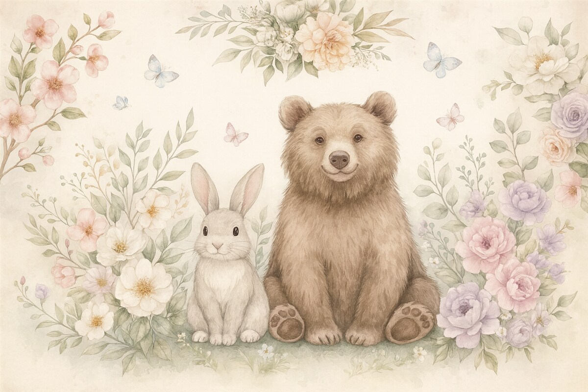 Fototapeta Urokliwy dziecięcy motyw z misiem, zajaczkiem i kwiatkami.