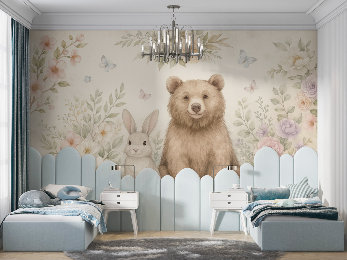 Fototapeta Urokliwy dziecięcy motyw z misiem, zajaczkiem i kwiatkami.