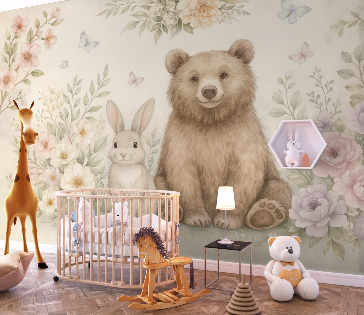 Fototapeta Urokliwy dziecięcy motyw z misiem, zajaczkiem i kwiatkami.