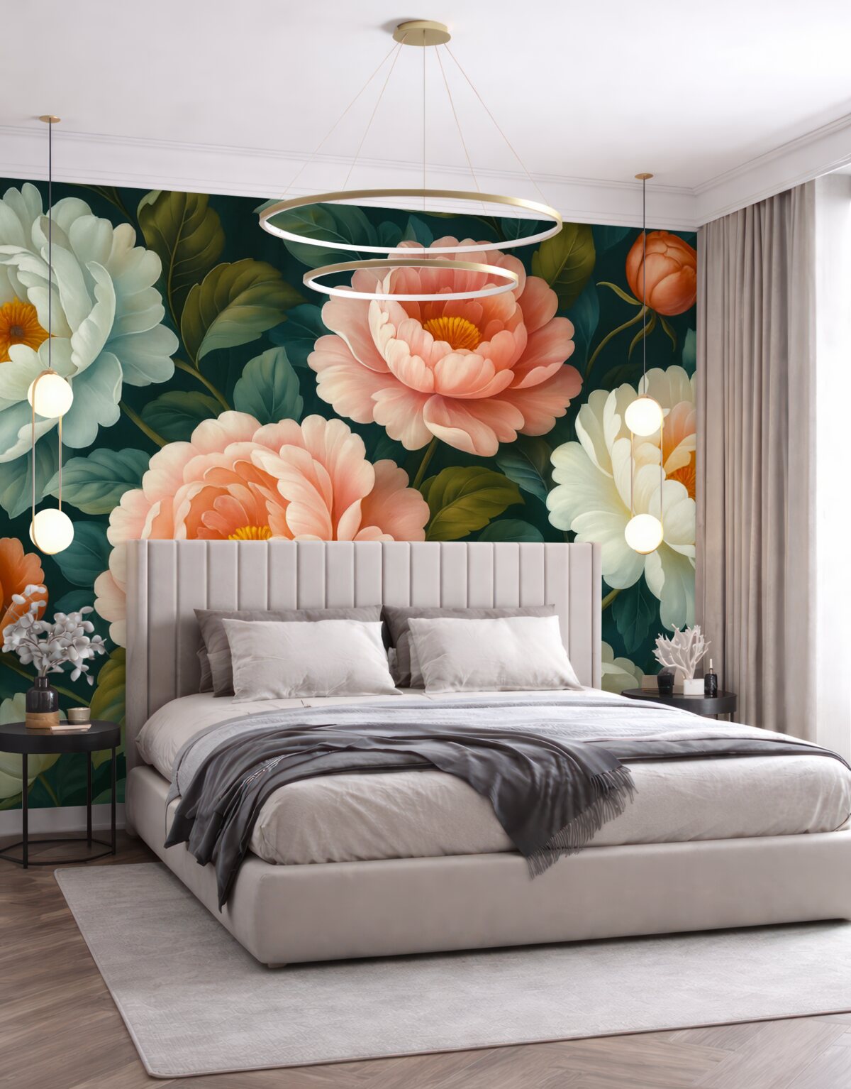 Fototapeta Jasny bukiet dużych, rozłożystych piwonii i kwitnących róż.