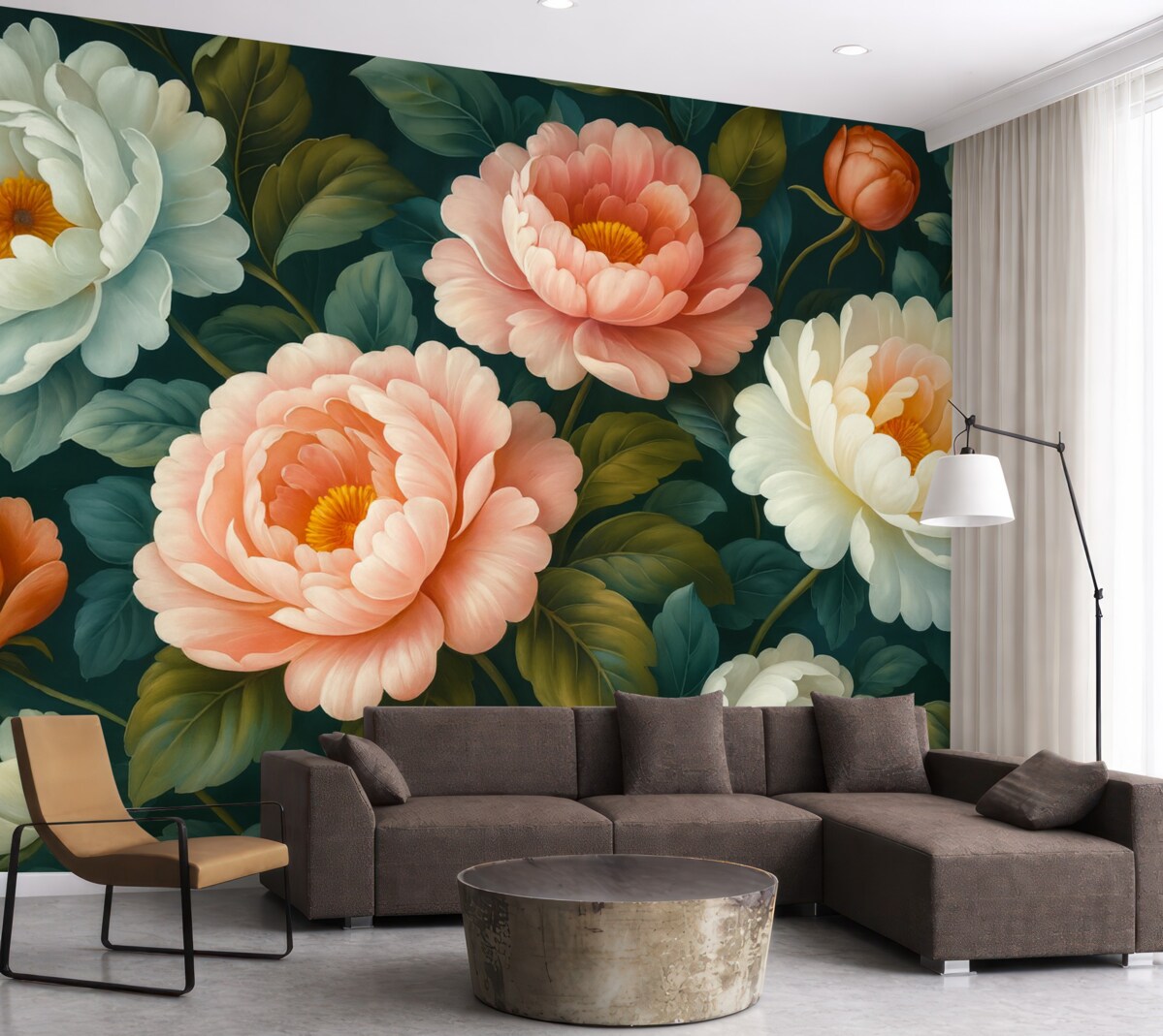 Fototapeta Jasny bukiet dużych, rozłożystych piwonii i kwitnących róż.