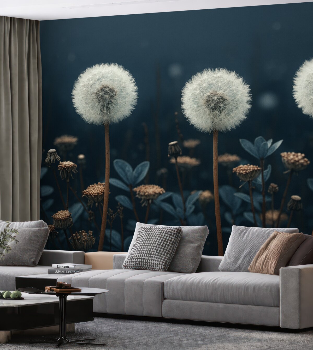 Fototapeta Mniszek lekarski, błękitny, trzy mniszki lecznicze.