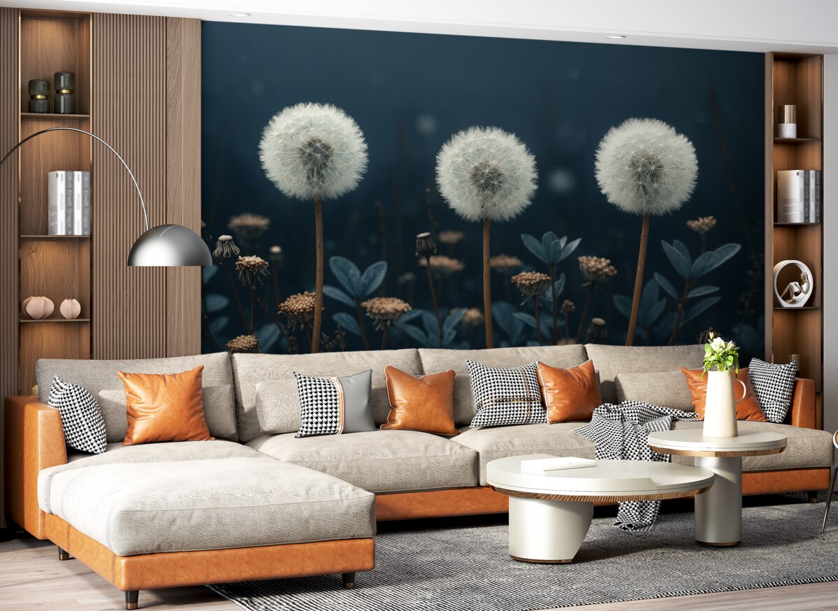 Fototapeta Mniszek lekarski, błękitny, trzy mniszki lecznicze.