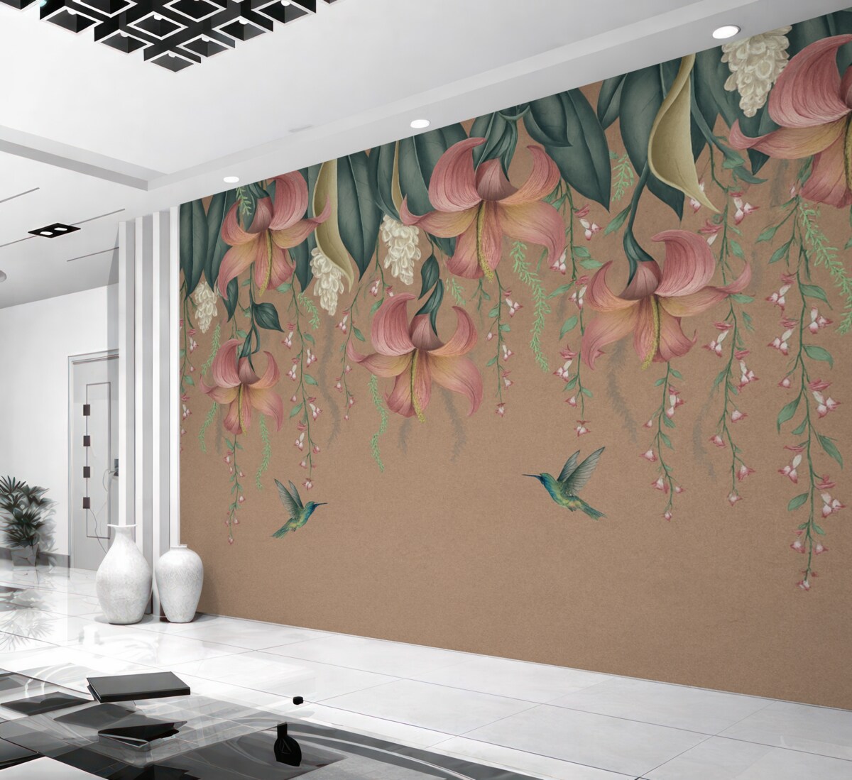 Fototapeta Subtelny motyw roślinny z zwisającymi liliami, kwiatami i kolibrami na zniszczonej ścianie.