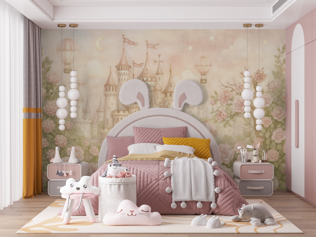 Fototapeta Czarujący zamek z ogromnymi kwiatami i drzewami.