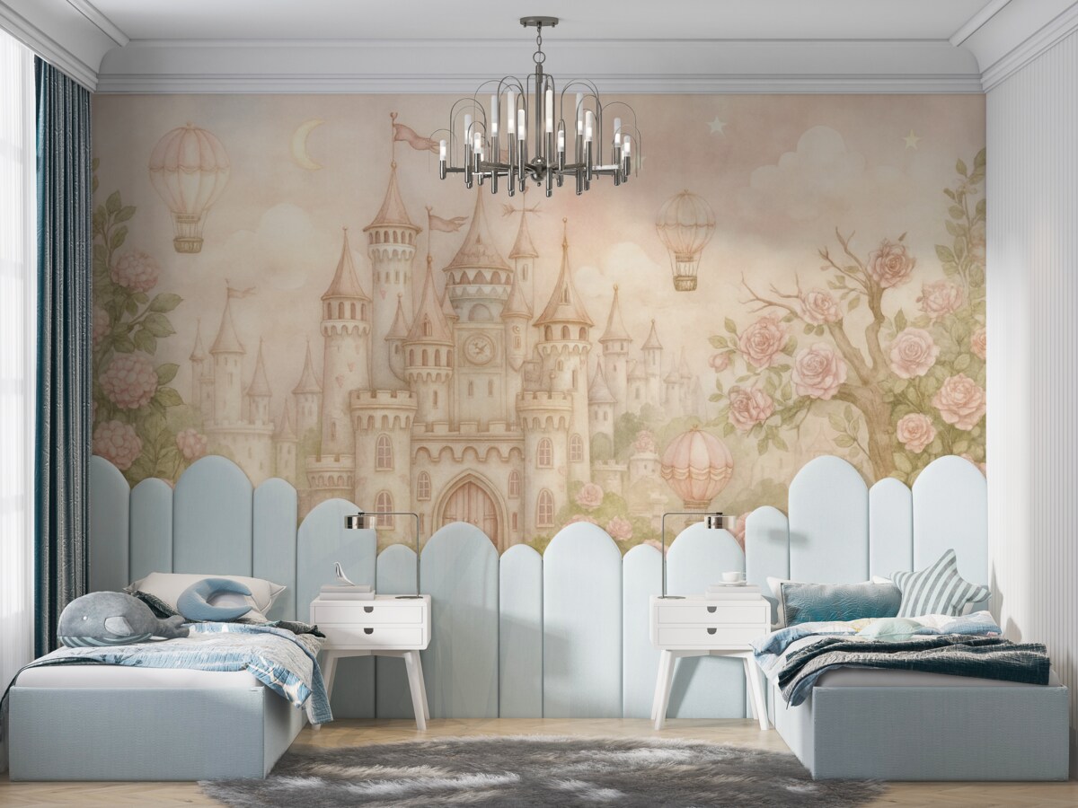 Fototapeta Czarujący zamek z ogromnymi kwiatami i drzewami.