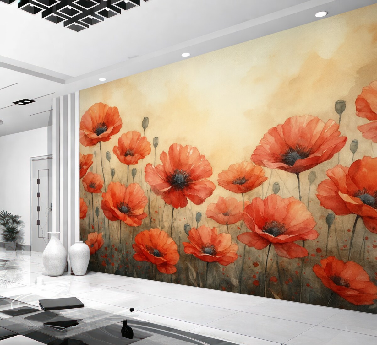 Fototapeta Maki w kolorze czerwonym malowane akwarelą.