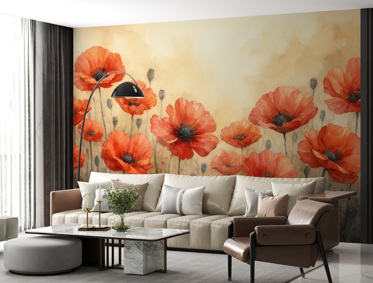 Fototapeta Maki w kolorze czerwonym malowane akwarelą.