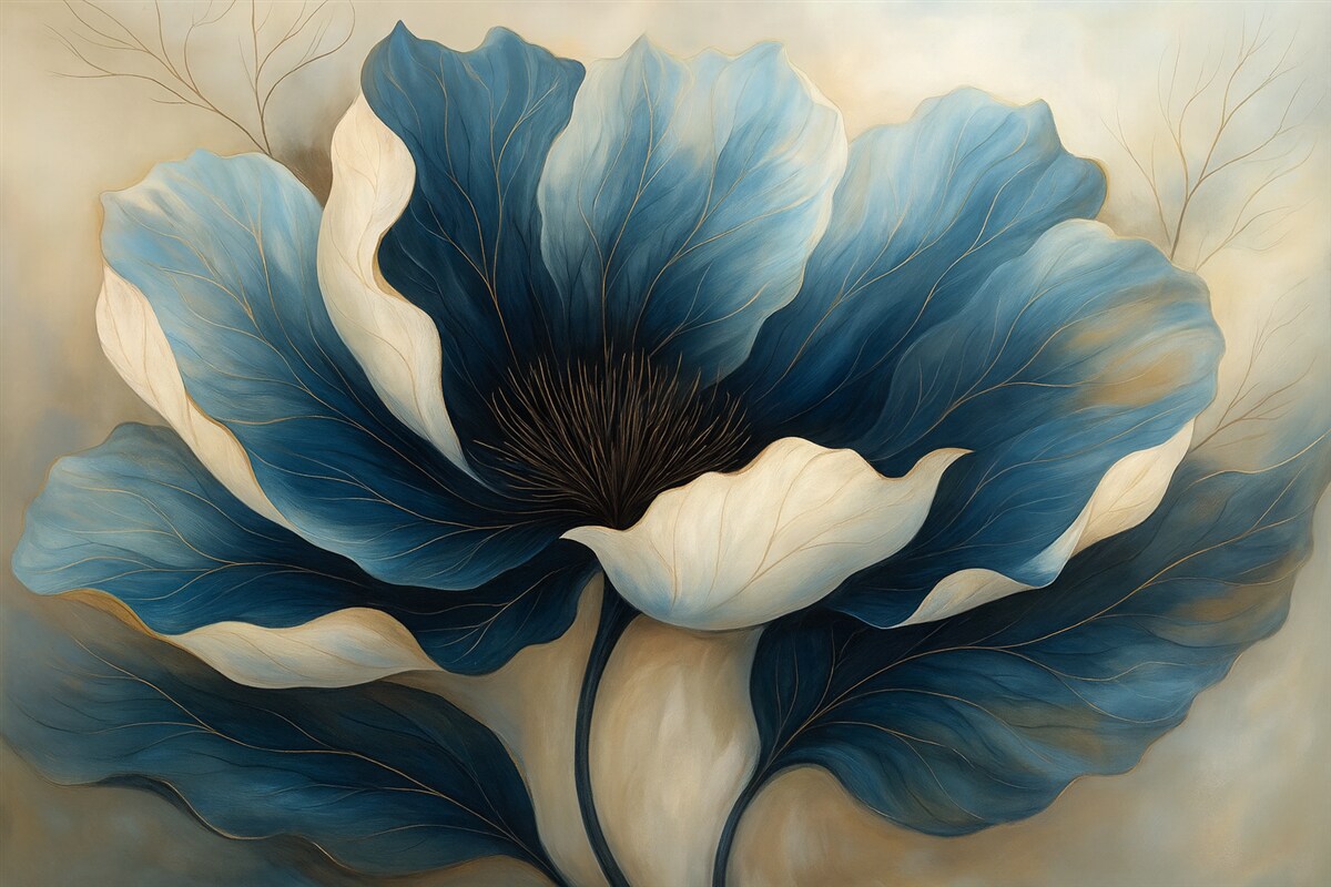 Fototapeta Wielki, stylowy kwiat o głęboko niebieskich i białych płatkach.