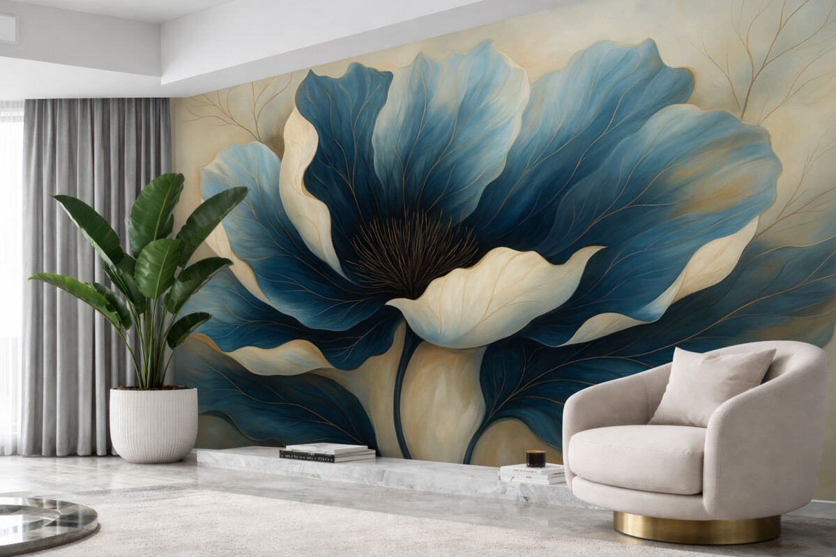 Fototapeta Wielki, stylowy kwiat o głęboko niebieskich i białych płatkach.