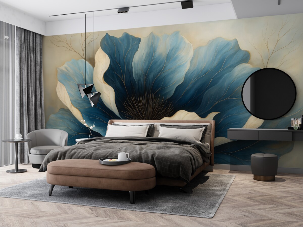 Fototapeta Wielki, stylowy kwiat o głęboko niebieskich i białych płatkach.