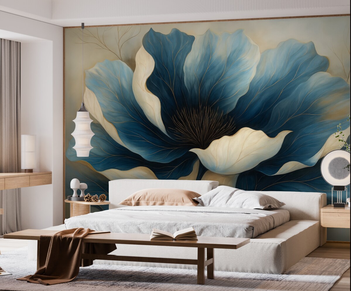 Fototapeta Wielki, stylowy kwiat o głęboko niebieskich i białych płatkach.