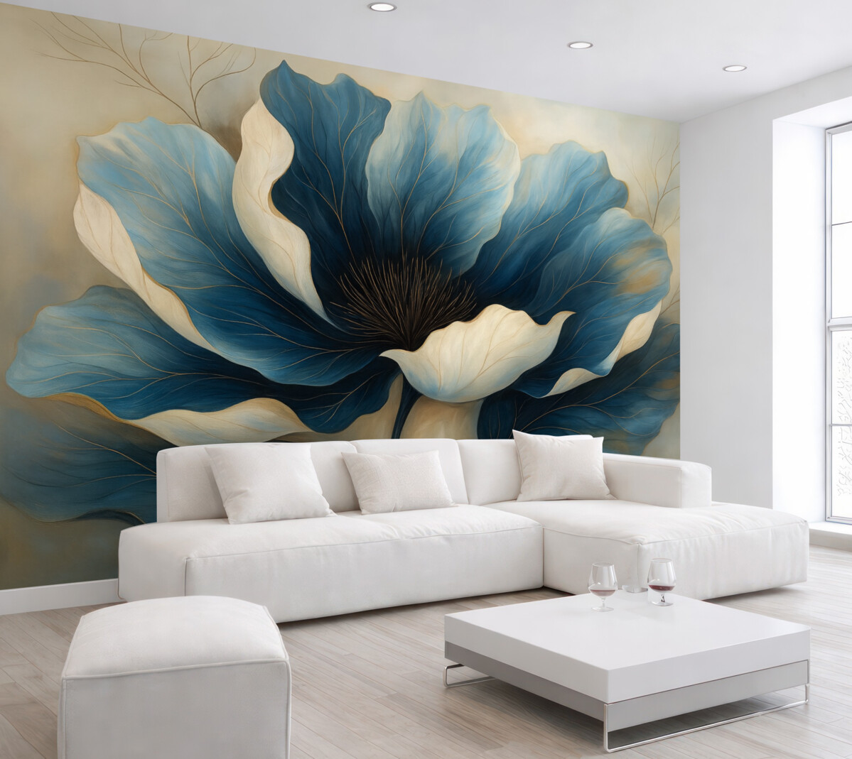 Fototapeta Wielki, stylowy kwiat o głęboko niebieskich i białych płatkach.