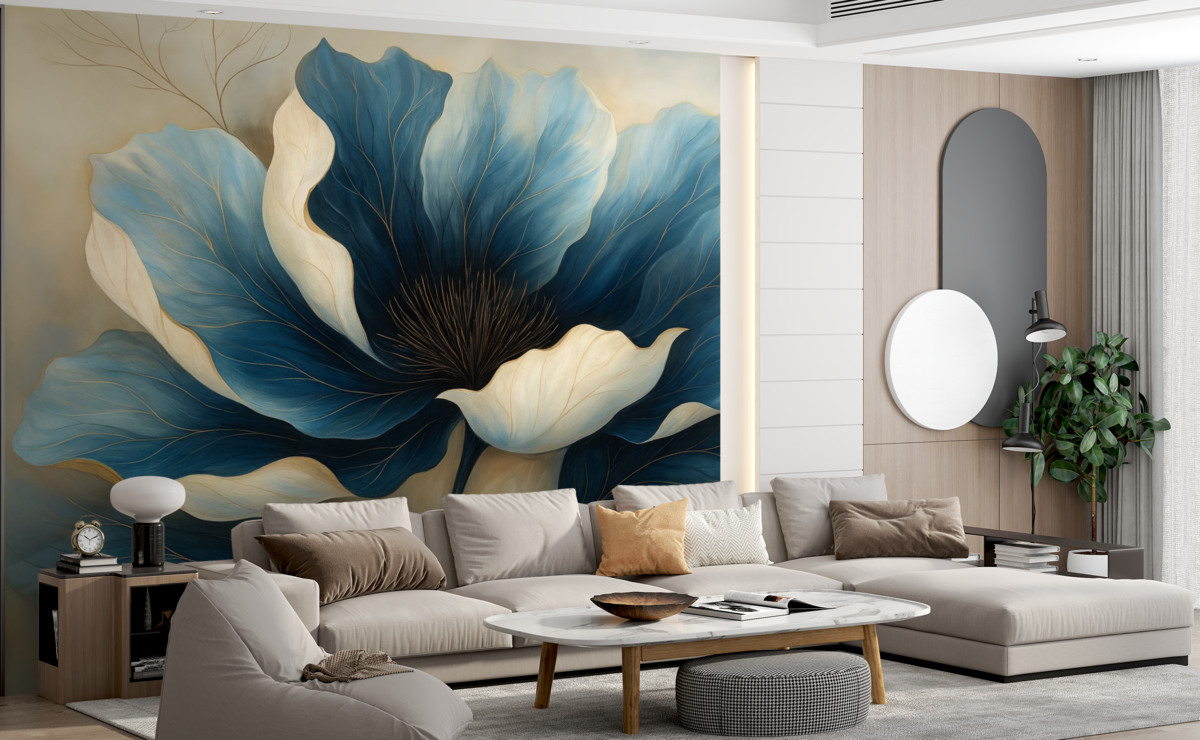 Fototapeta Wielki, stylowy kwiat o głęboko niebieskich i białych płatkach.