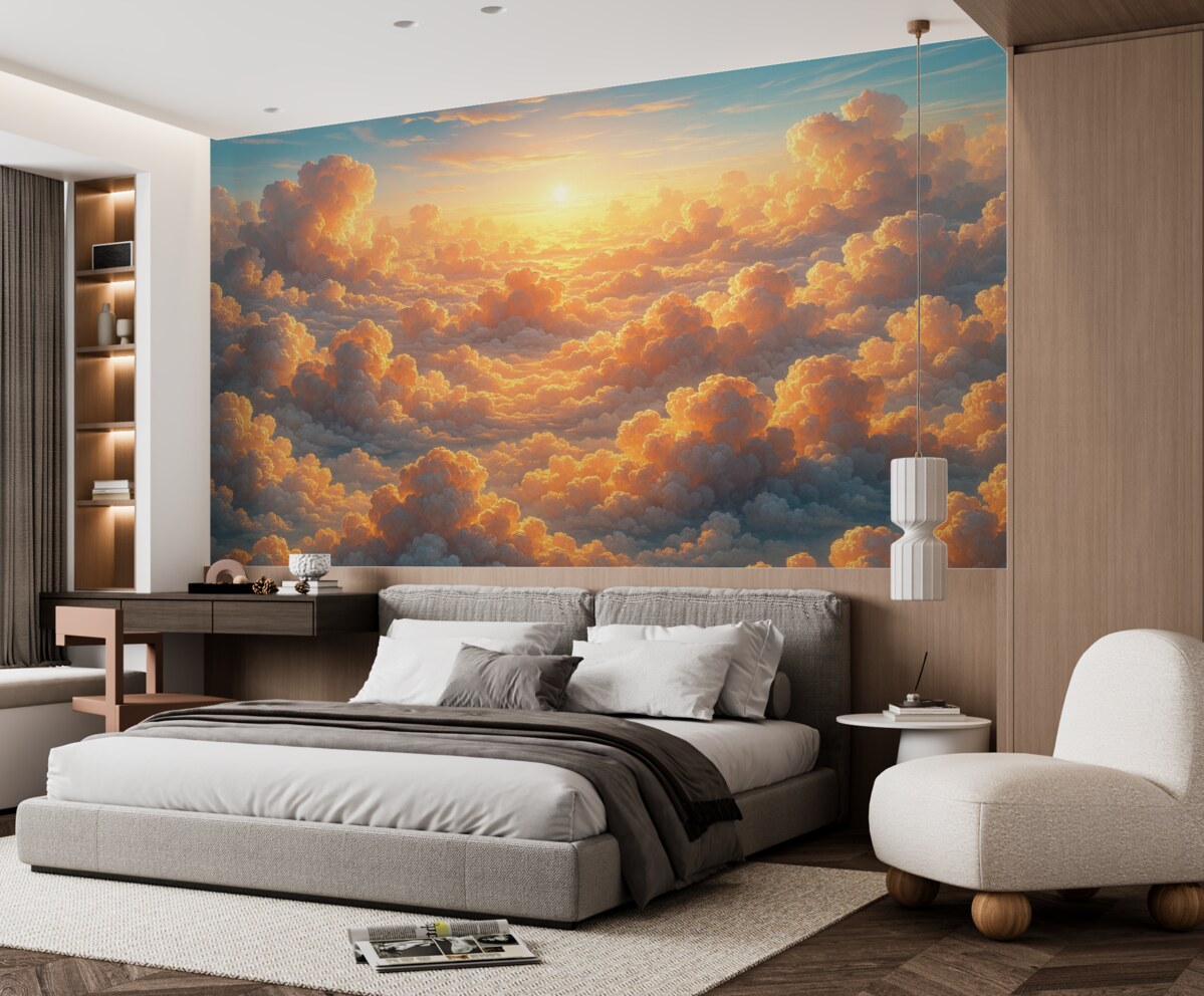 Fototapeta Przejrzyste niebo z licznymi chmurami na firmamencie w ciepłych odcieniach.