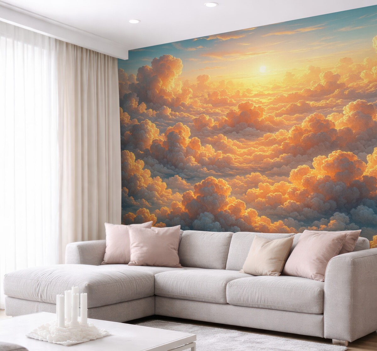 Fototapeta Przejrzyste niebo z licznymi chmurami na firmamencie w ciepłych odcieniach.