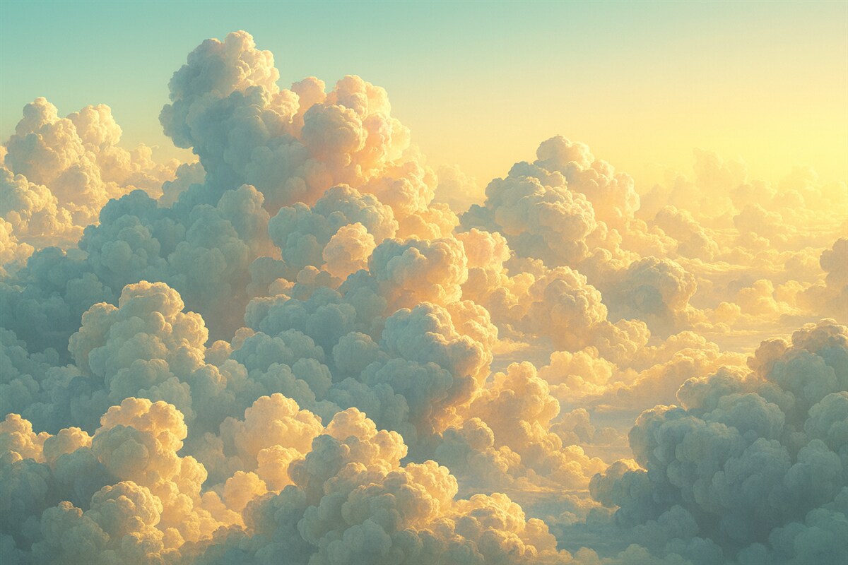 Fototapeta Czyste niebo z licznymi chmurami w jasnych odcieniach.