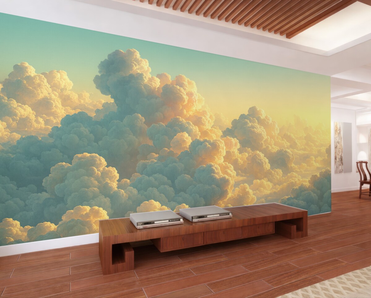 Fototapeta Czyste niebo z licznymi chmurami w jasnych odcieniach.