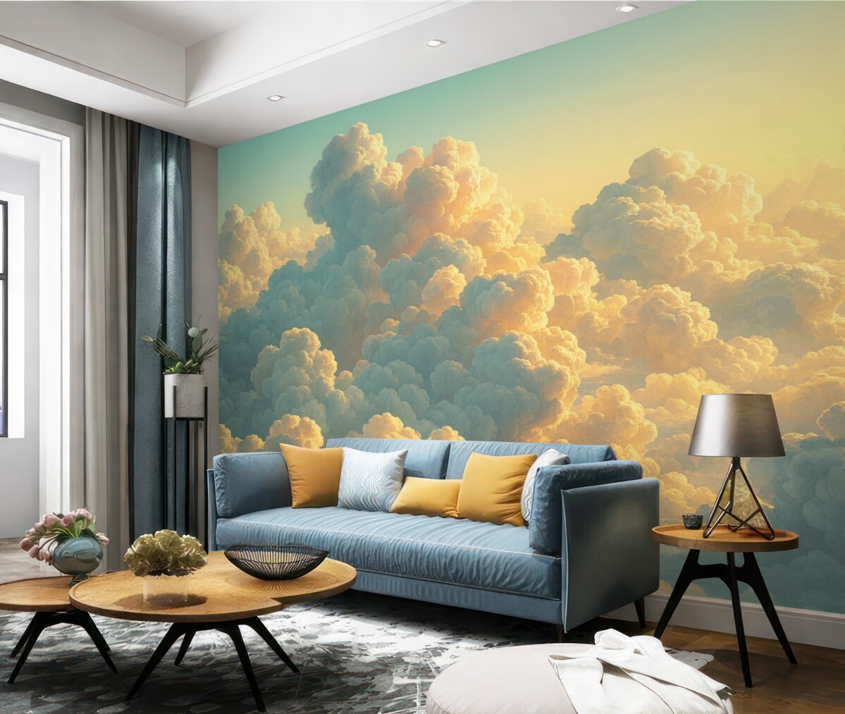 Fototapeta Czyste niebo z licznymi chmurami w jasnych odcieniach.