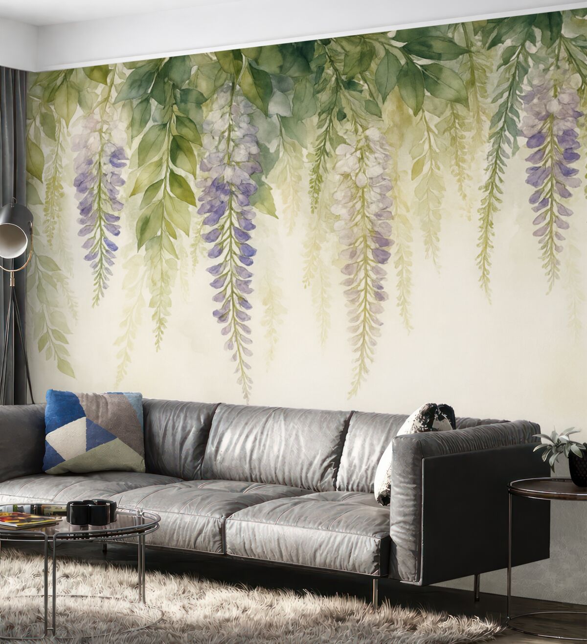 Fototapeta Dekoracja z kwiatów glicynii, florystyczna, akwarelowe barwy, naturalne odcienie.