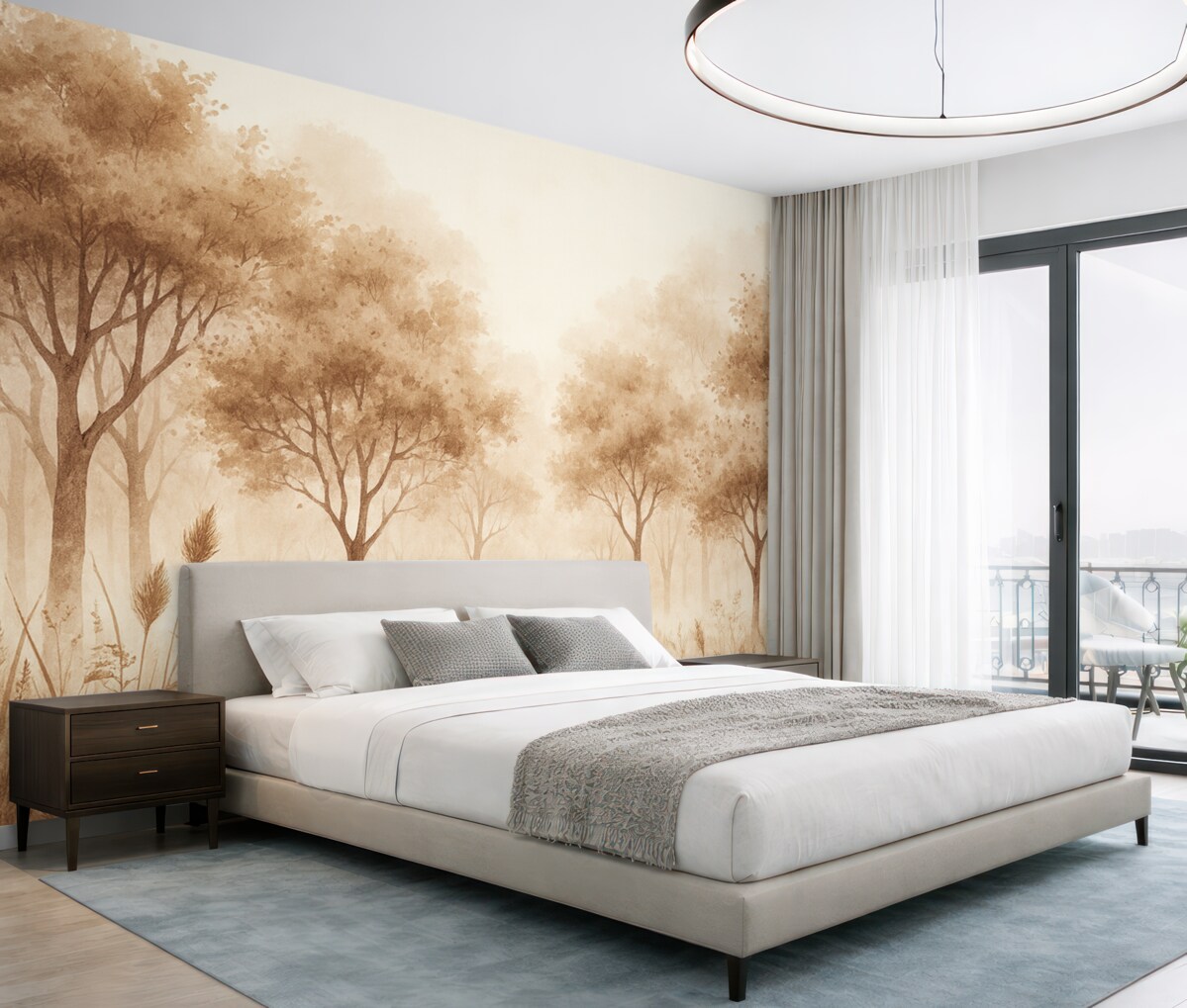 Fototapeta Las akwarelowy z trawą oraz drzewami, odcień beżowy.