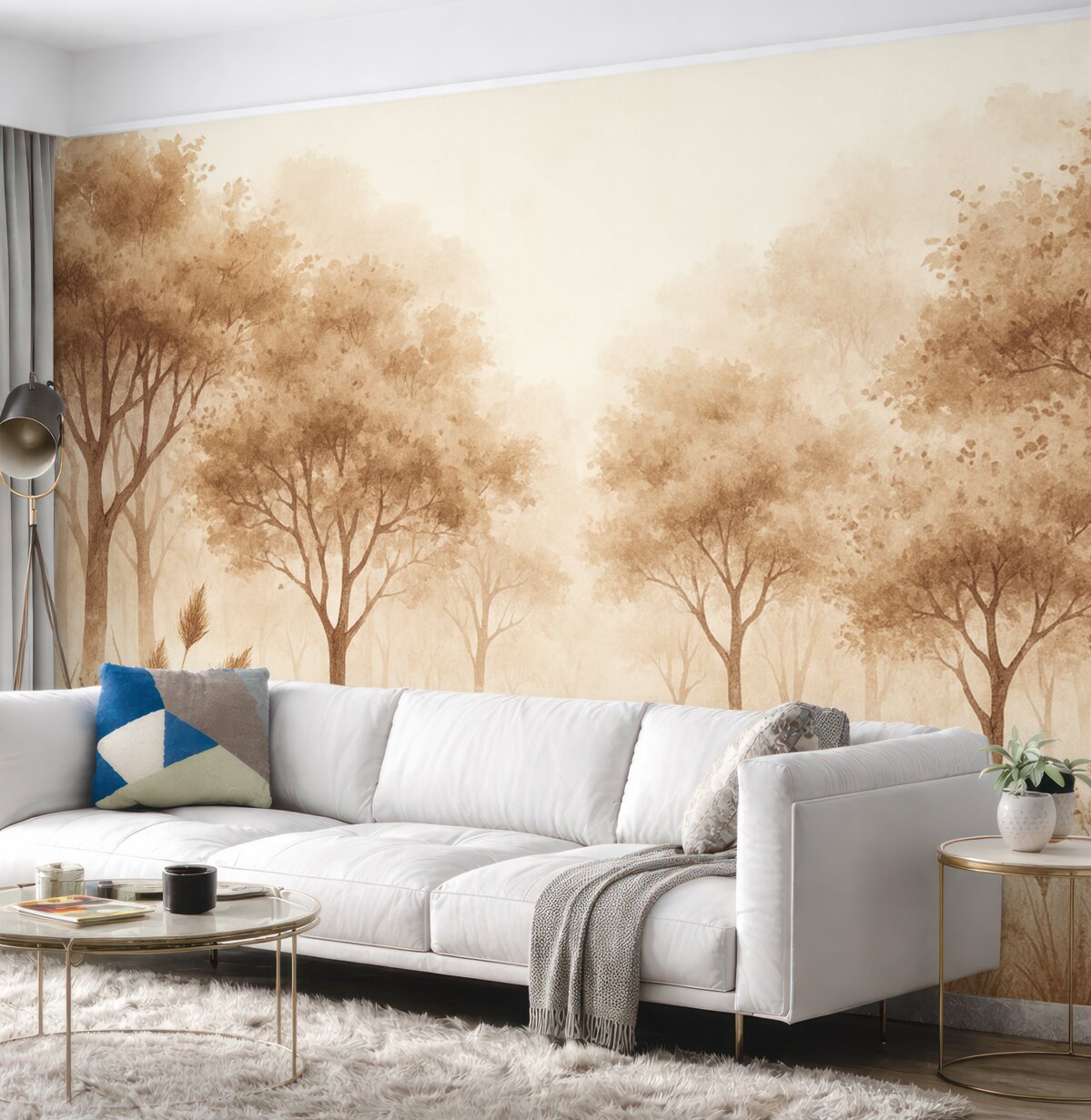 Fototapeta Las akwarelowy z trawą oraz drzewami, odcień beżowy.