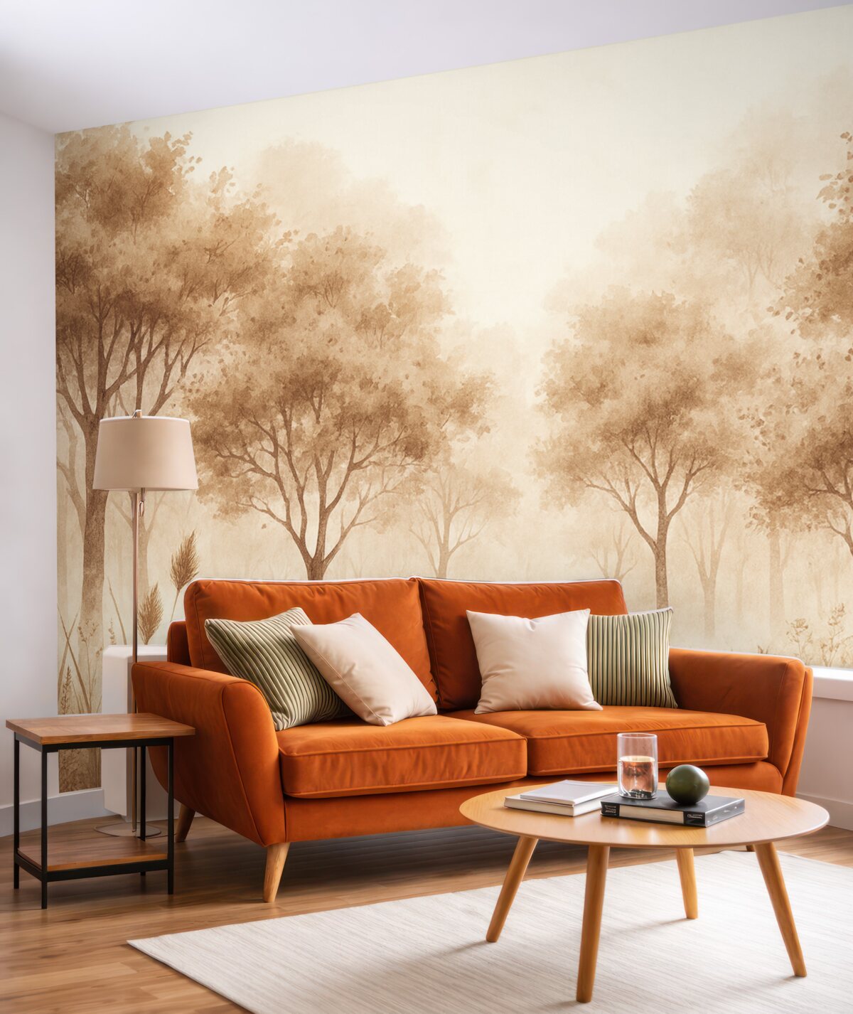 Fototapeta Las akwarelowy z trawą oraz drzewami, odcień beżowy.