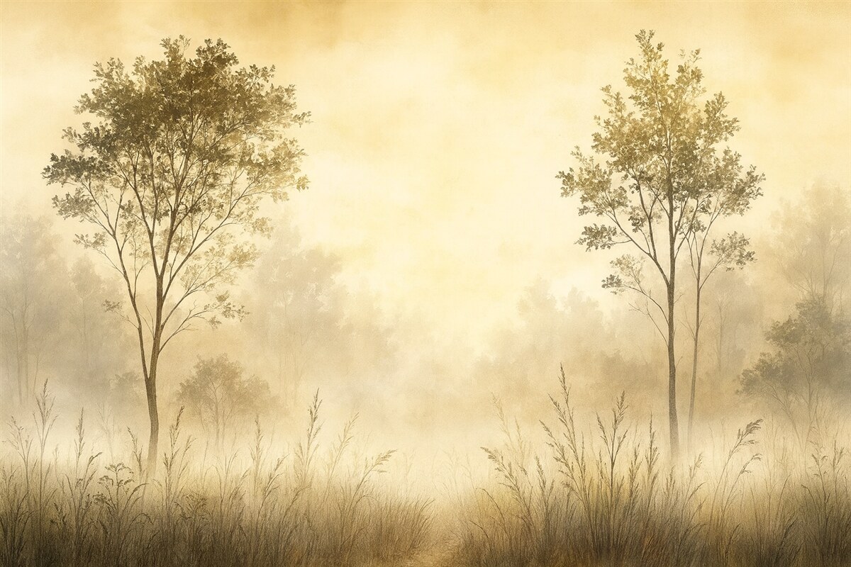 Fototapeta Mglisty las, dzikie pejzaże, łąka, drzewa, jasnoszary odcień.