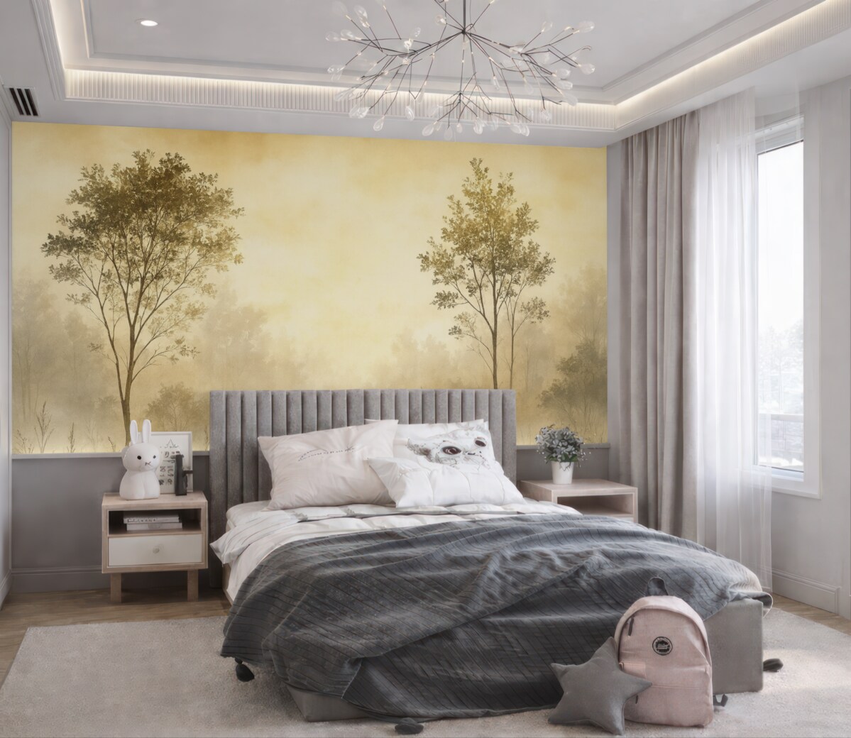 Fototapeta Mglisty las, dzikie pejzaże, łąka, drzewa, jasnoszary odcień.