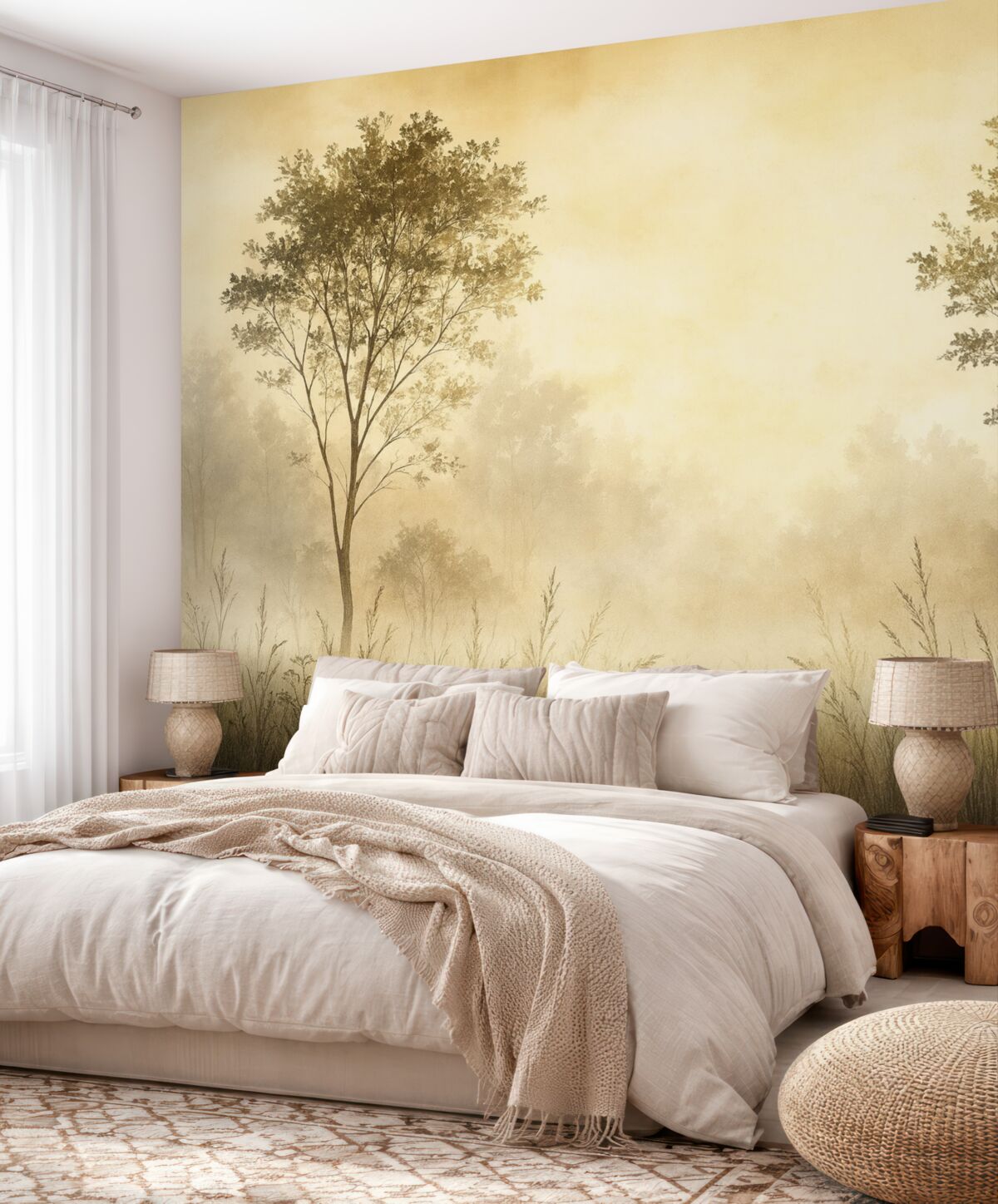 Fototapeta Mglisty las, dzikie pejzaże, łąka, drzewa, jasnoszary odcień.