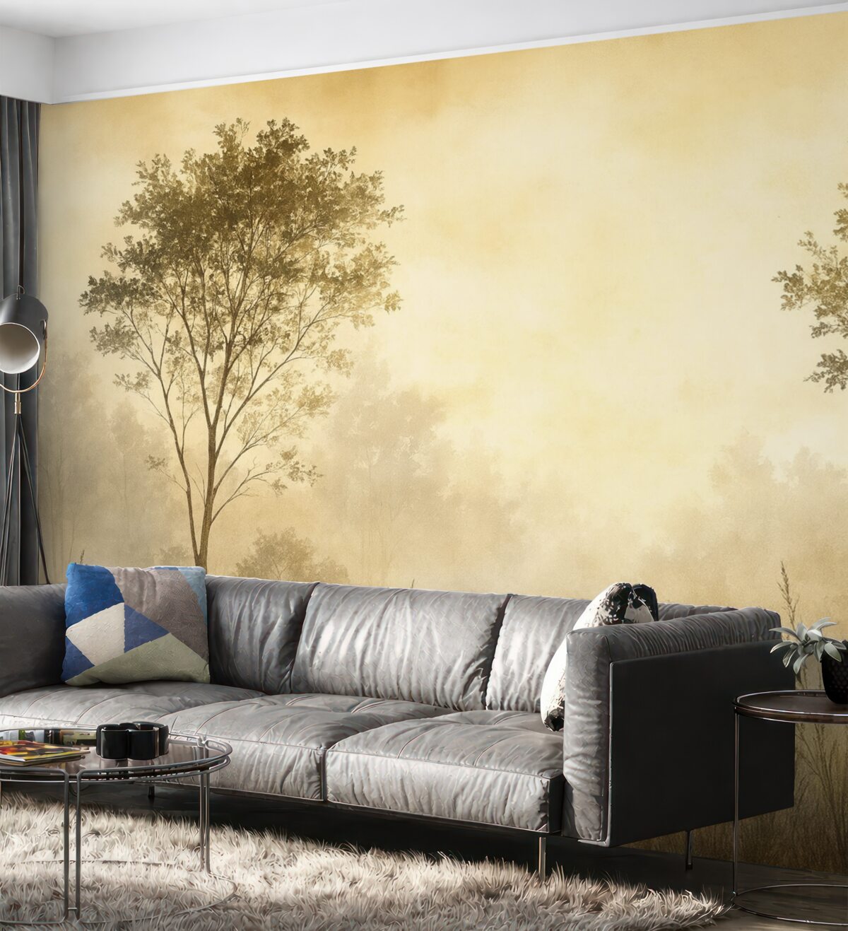 Fototapeta Mglisty las, dzikie pejzaże, łąka, drzewa, jasnoszary odcień.