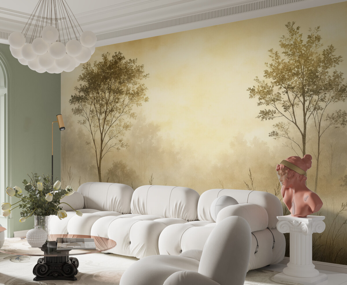 Fototapeta Mglisty las, dzikie pejzaże, łąka, drzewa, jasnoszary odcień.