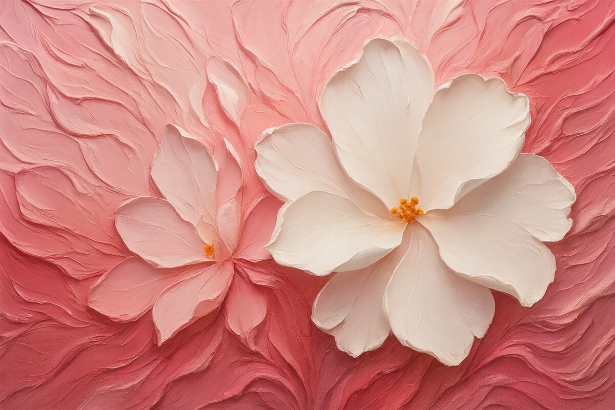 Fototapeta Białe abstrakcyjne kwiaty namalowane różową farbą.