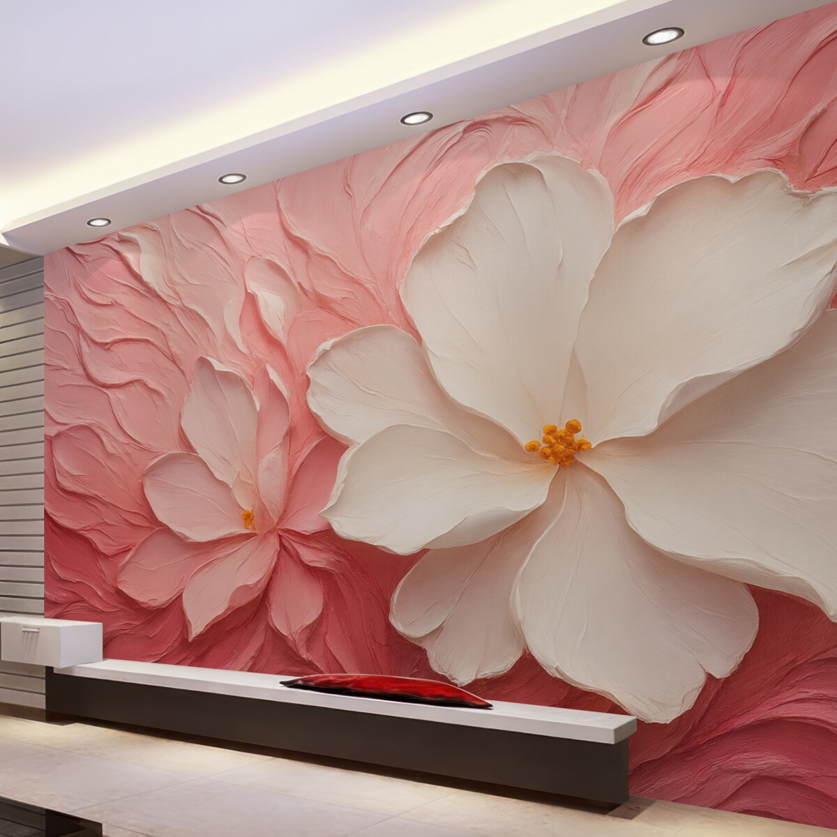 Fototapeta Białe abstrakcyjne kwiaty namalowane różową farbą.