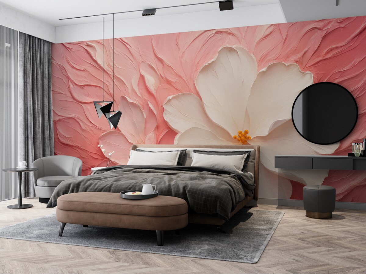 Fototapeta Białe abstrakcyjne kwiaty namalowane różową farbą.