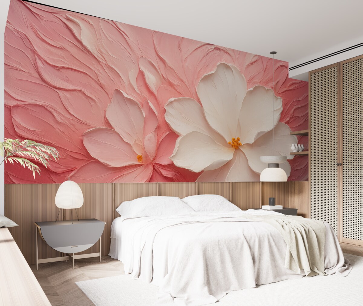 Fototapeta Białe abstrakcyjne kwiaty namalowane różową farbą.