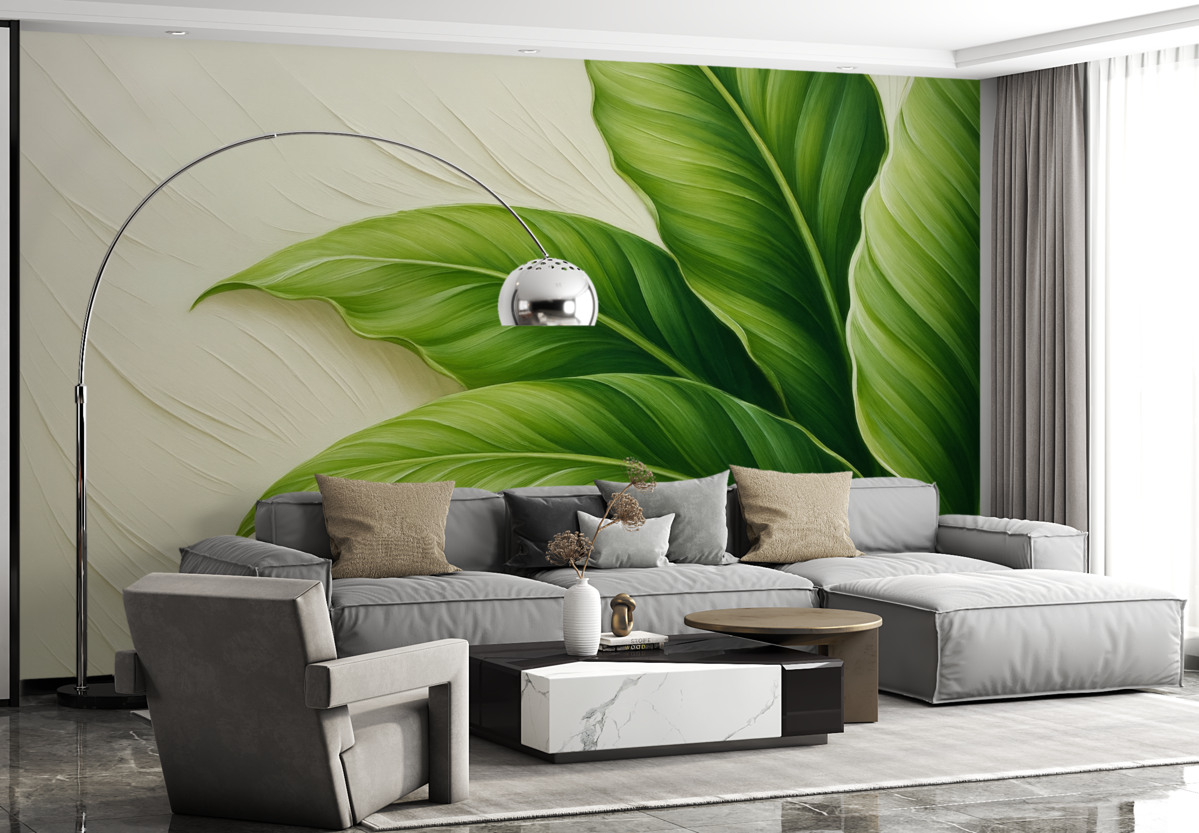 Fototapeta Zielone liście na jasnej reprodukcji ruchów pędzla.