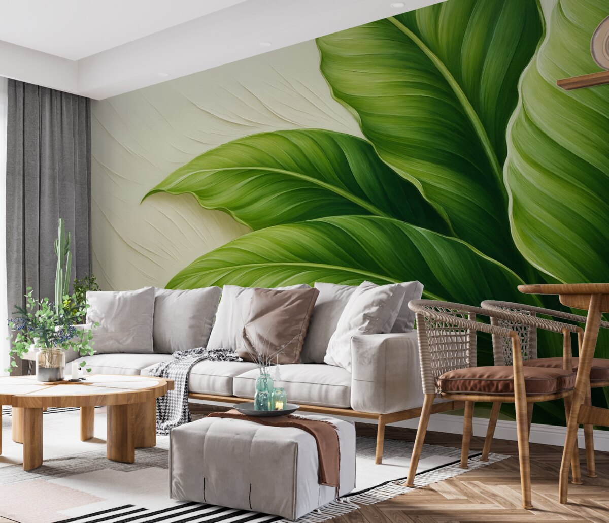 Fototapeta Zielone liście na jasnej reprodukcji ruchów pędzla.