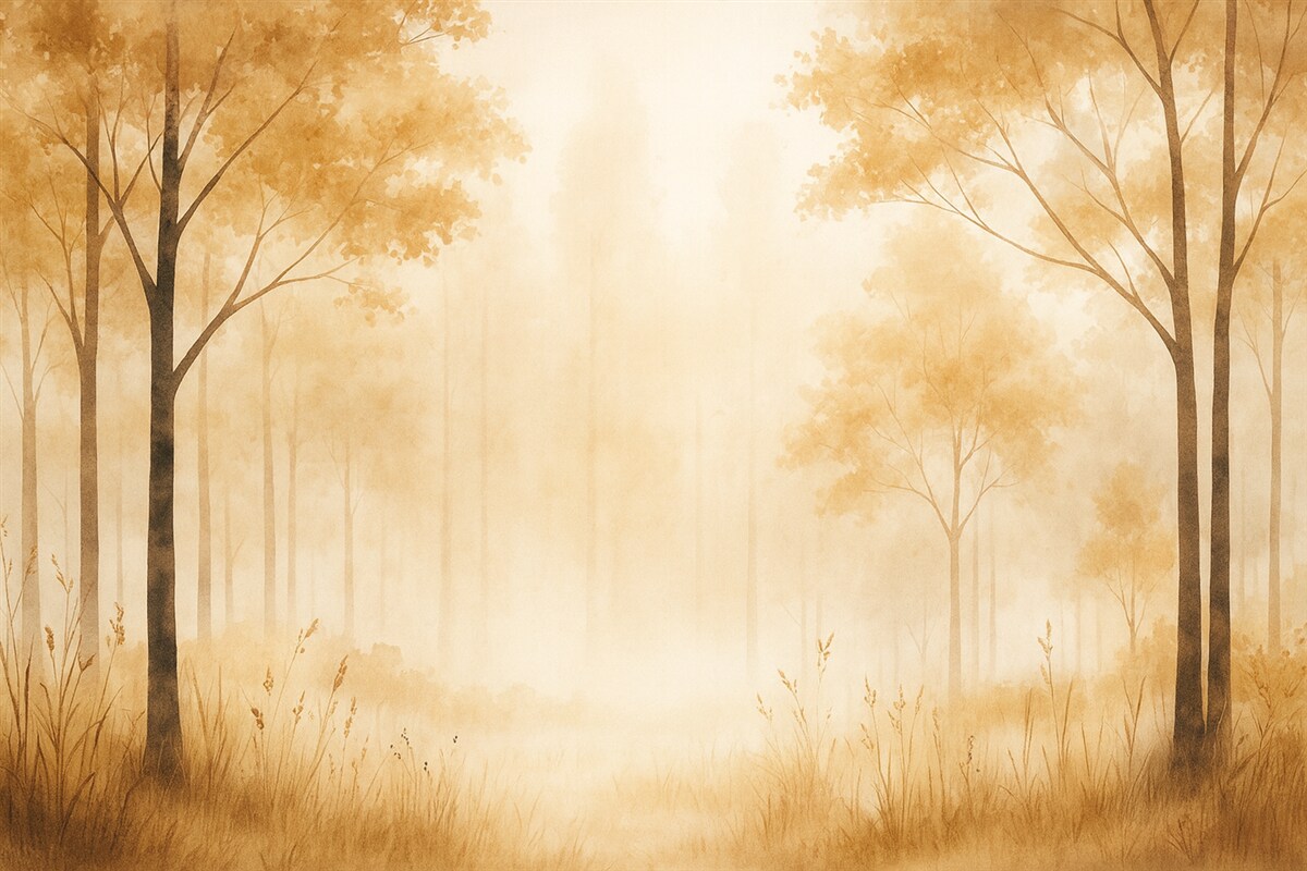 Fototapeta Akwarela z lasem, mgła, drzewa, trawa, przyrodniczy pejzaż, odcień beżowy.