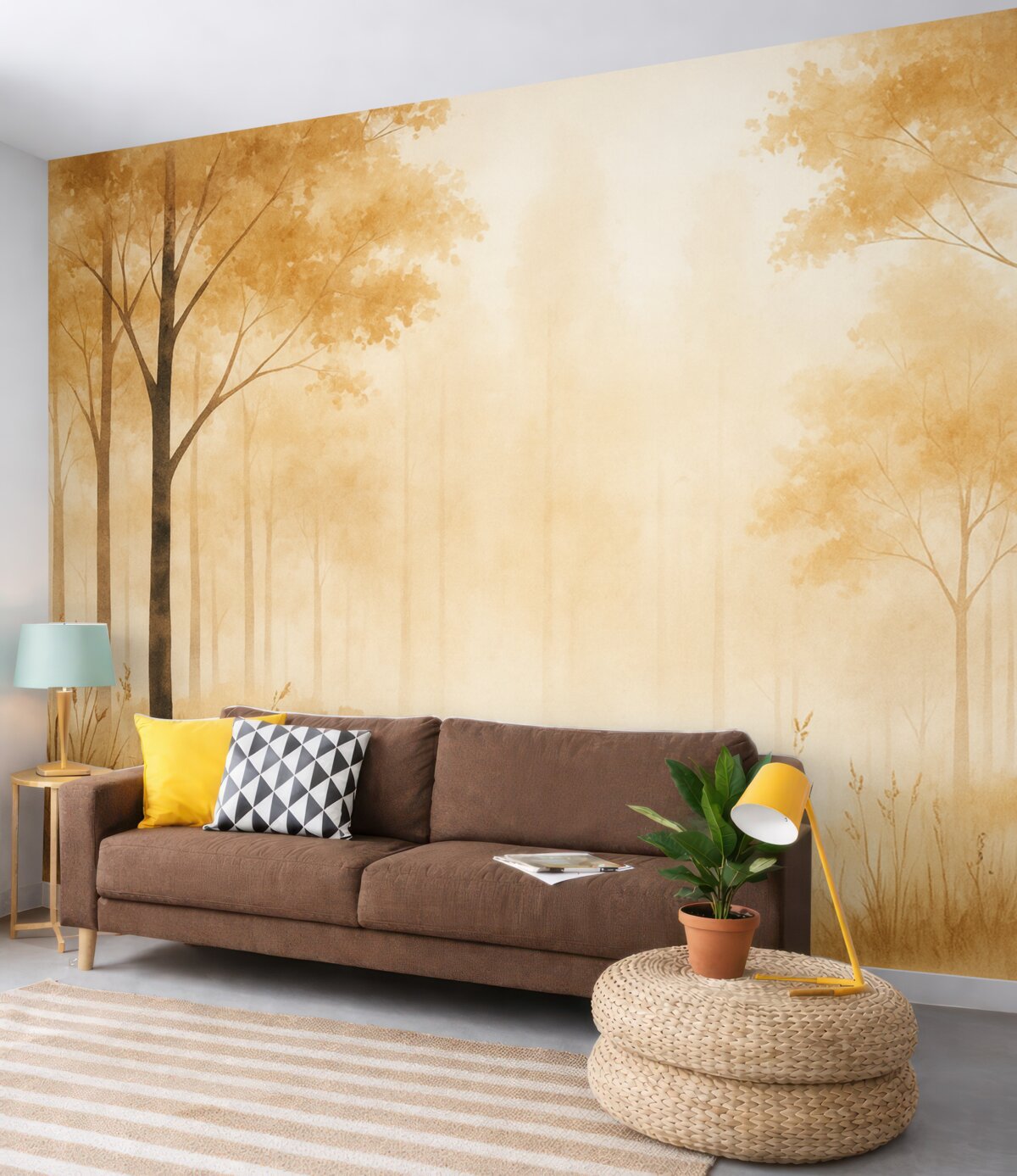 Fototapeta Akwarela z lasem, mgła, drzewa, trawa, przyrodniczy pejzaż, odcień beżowy.