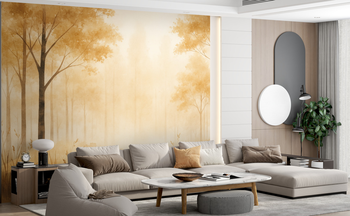 Fototapeta Akwarela z lasem, mgła, drzewa, trawa, przyrodniczy pejzaż, odcień beżowy.