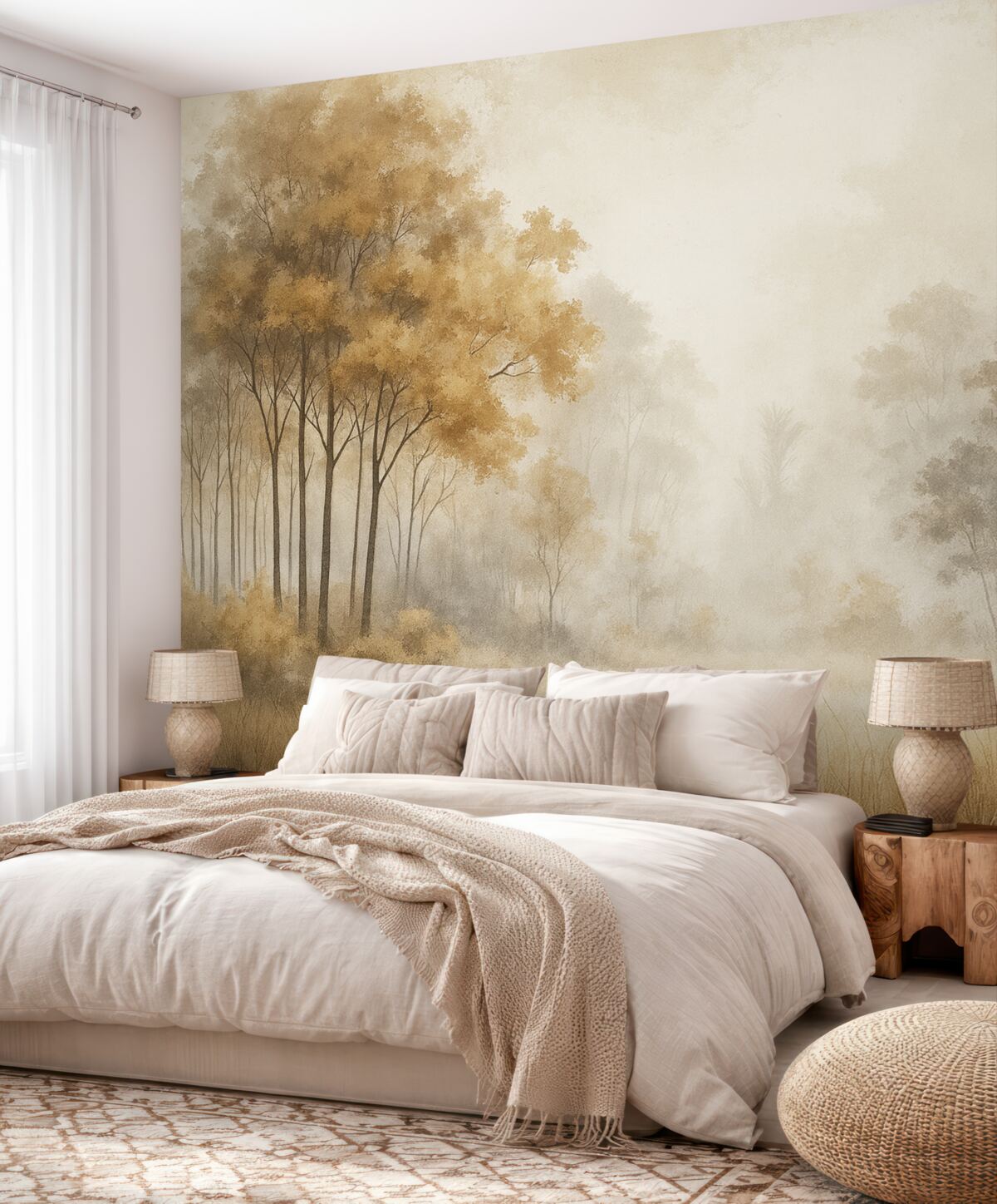 Fototapeta Pejzaże przyrody, drzewa w lesie, faktura grunge, beżowe odcienie.