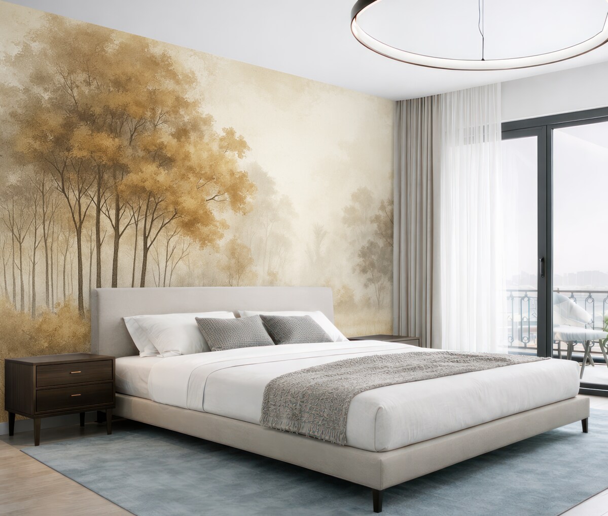 Fototapeta Pejzaże przyrody, drzewa w lesie, faktura grunge, beżowe odcienie.