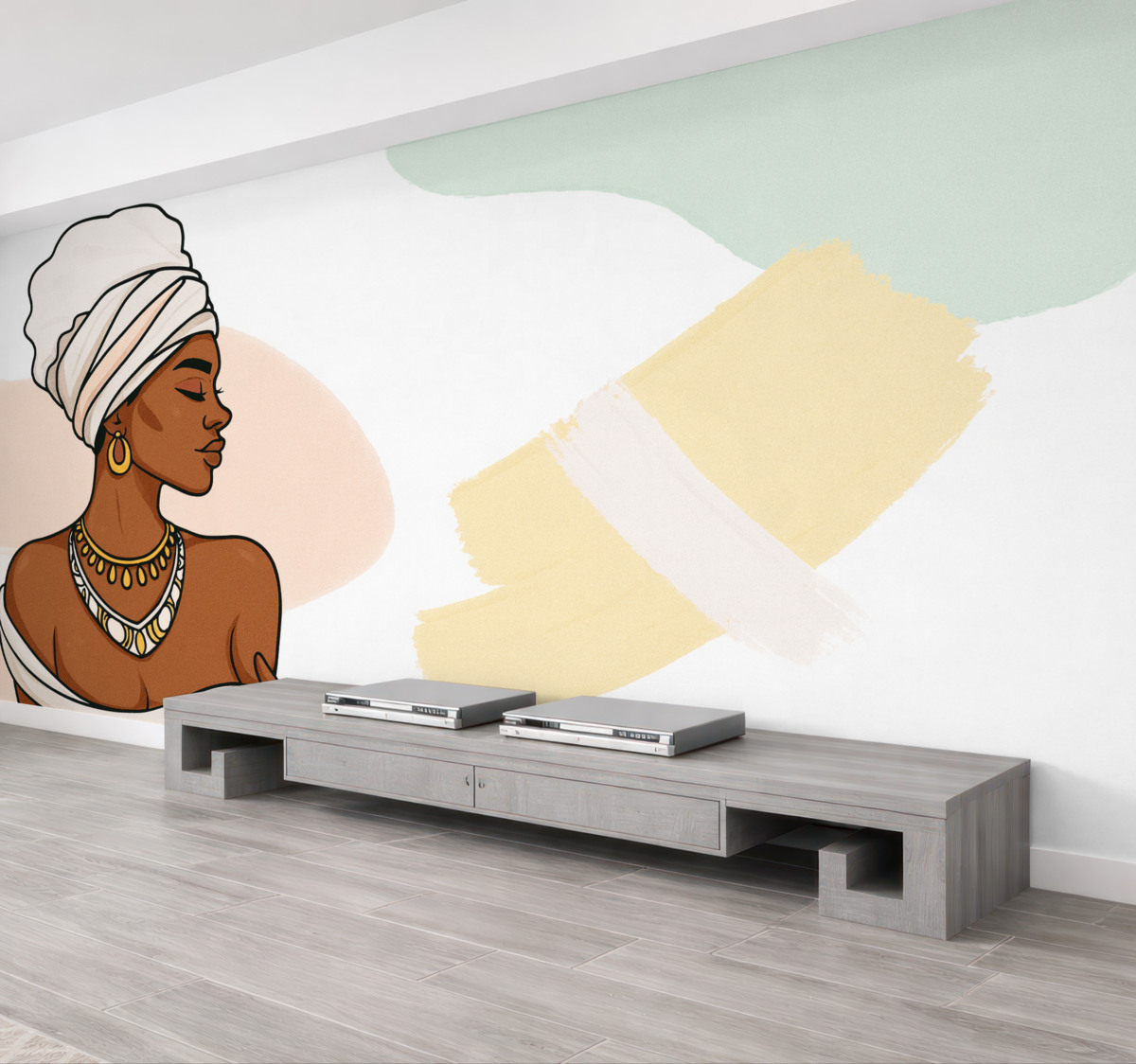 Fototapeta Kobieta z kreskami, okręgami, subtelnymi barwami.