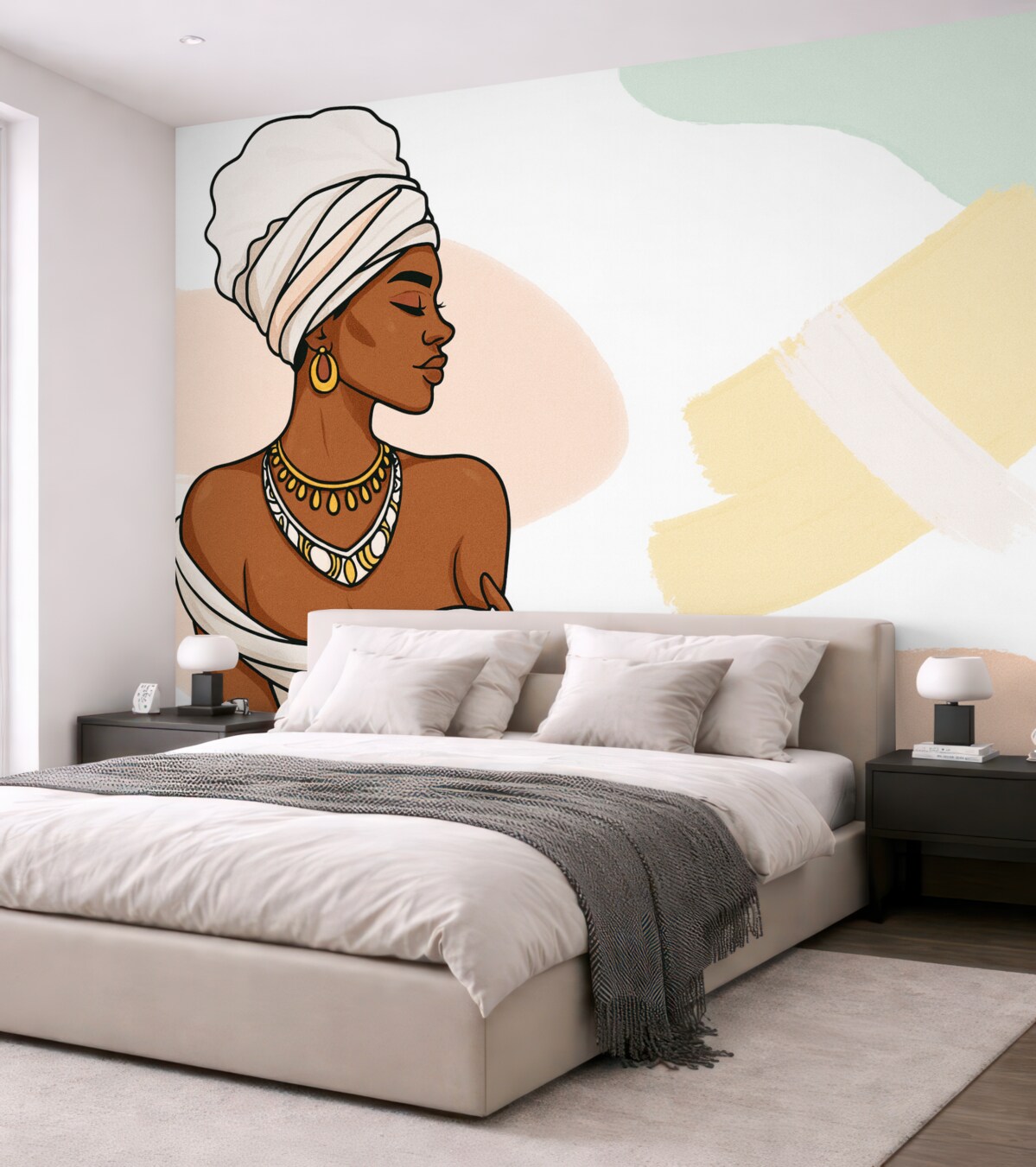 Fototapeta Kobieta z kreskami, okręgami, subtelnymi barwami.