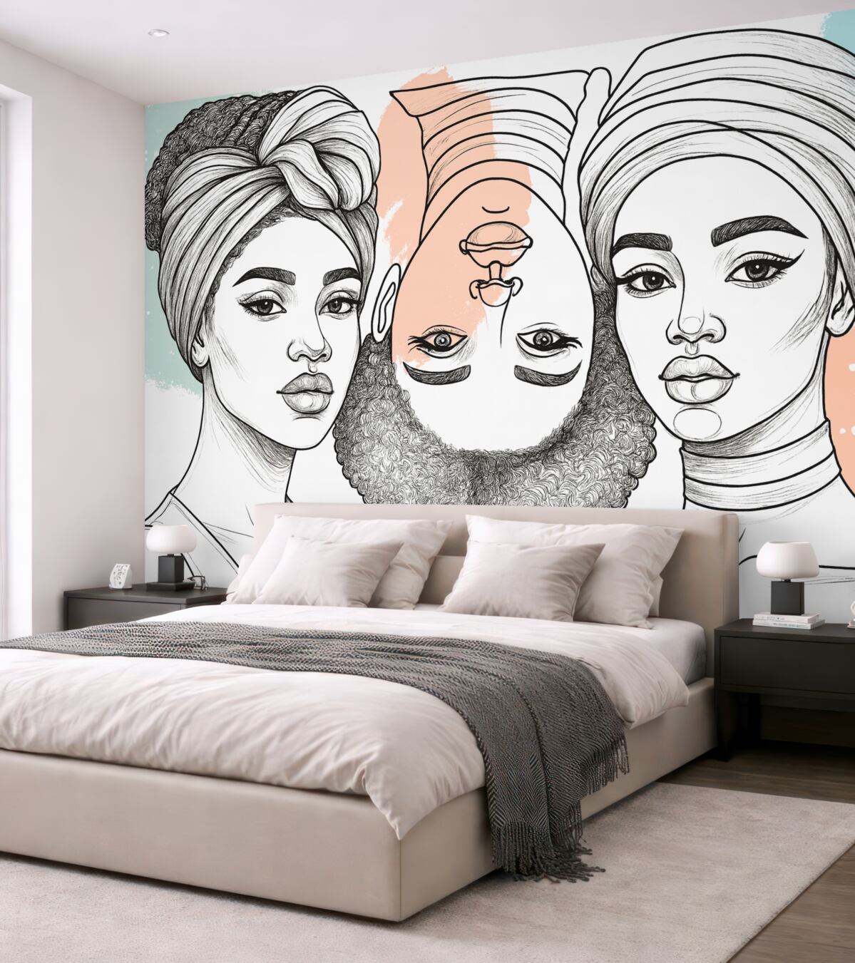 Fototapeta Trzy panie, dama z wzorami, subtelne barwy, abstrakcyjność.