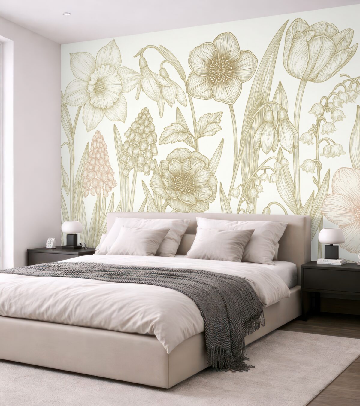 Fototapeta Subtelne różnorodne kwiaty, różowe i zielone.