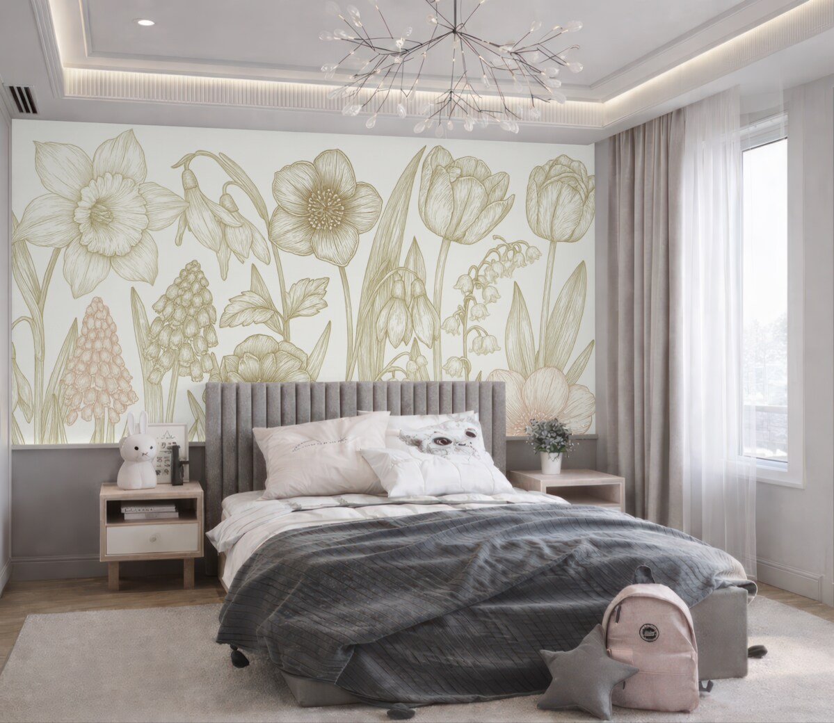 Fototapeta Subtelne różnorodne kwiaty, różowe i zielone.