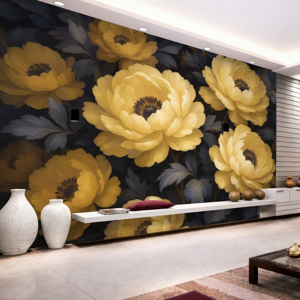 Fototapeta Kwiecisty obraz olejny osadzony na beżowym i fioletowym odcieniu.