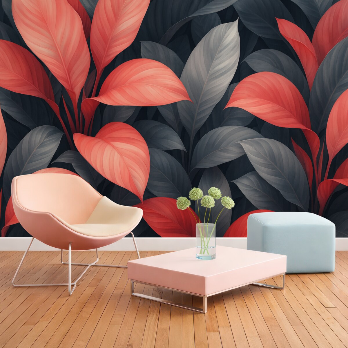 Fototapeta Ogromne tropikalne liście w odcieniach różu i niebieskiego.